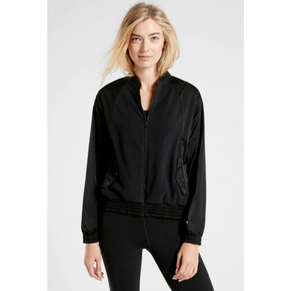 Athleta Womens XS Zion Microfleece Full Zip Jacket Black Bomber University Zip